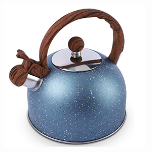 Tea kettle, 2.3 Quarter Tea post stling Water kettle, Food grade Stainless Steel teapot for stovetops Gas Electric Industry with Wood Pattern Handle Loud whistle - blue