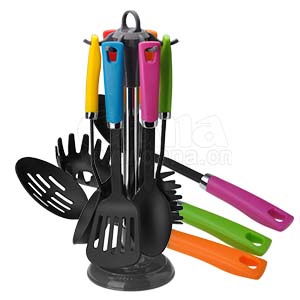 Colored plastic handle kitchen utensils