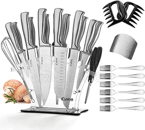 Stainless Steel Damascus Kitchen knives set 24 PCs with Super Sharp chef knife and scissors Shredder claws steak knife and Fork set, Premium Acrylic stand