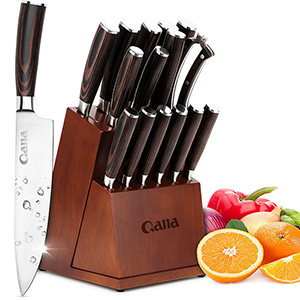 Knife set, 16 pieces Premium Kitchen knife set, German Stainless Steel knife set with Block and knife Sharpener